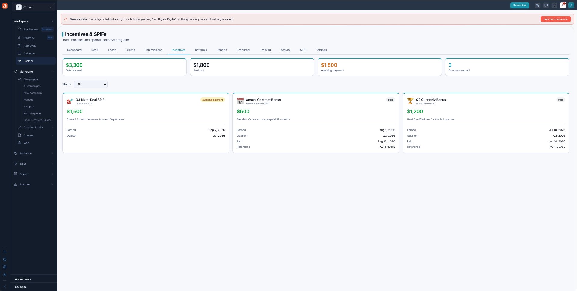 The Incentives & SPIFs page with Total earned, Paid out, Awaiting payment, and Bonuses earned cards, and SPIF cards (Multi-Deal SPIF, Annual Contract, Quarterly Bonus) with amounts, earned dates, quarter, and payment reference.