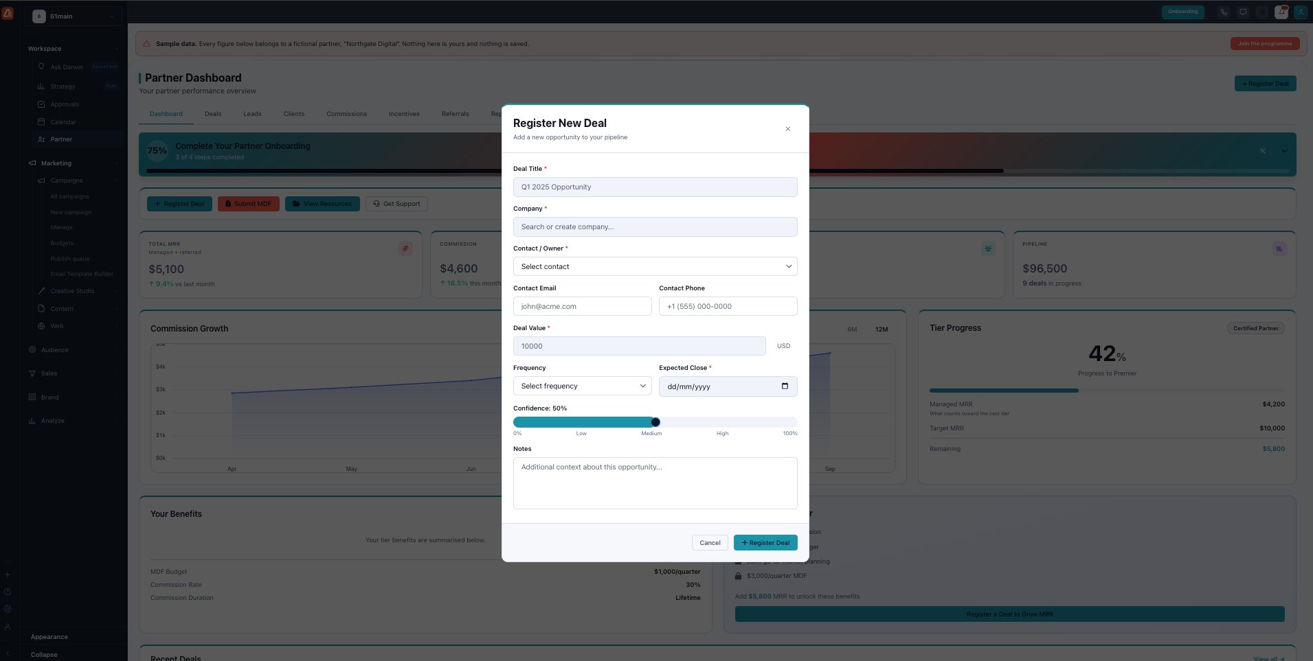 The Register New Deal modal with Deal Title, Company, Contact/Owner, Contact Email and Phone, Deal Value (USD), Frequency, Expected Close, a Confidence slider, and Notes.