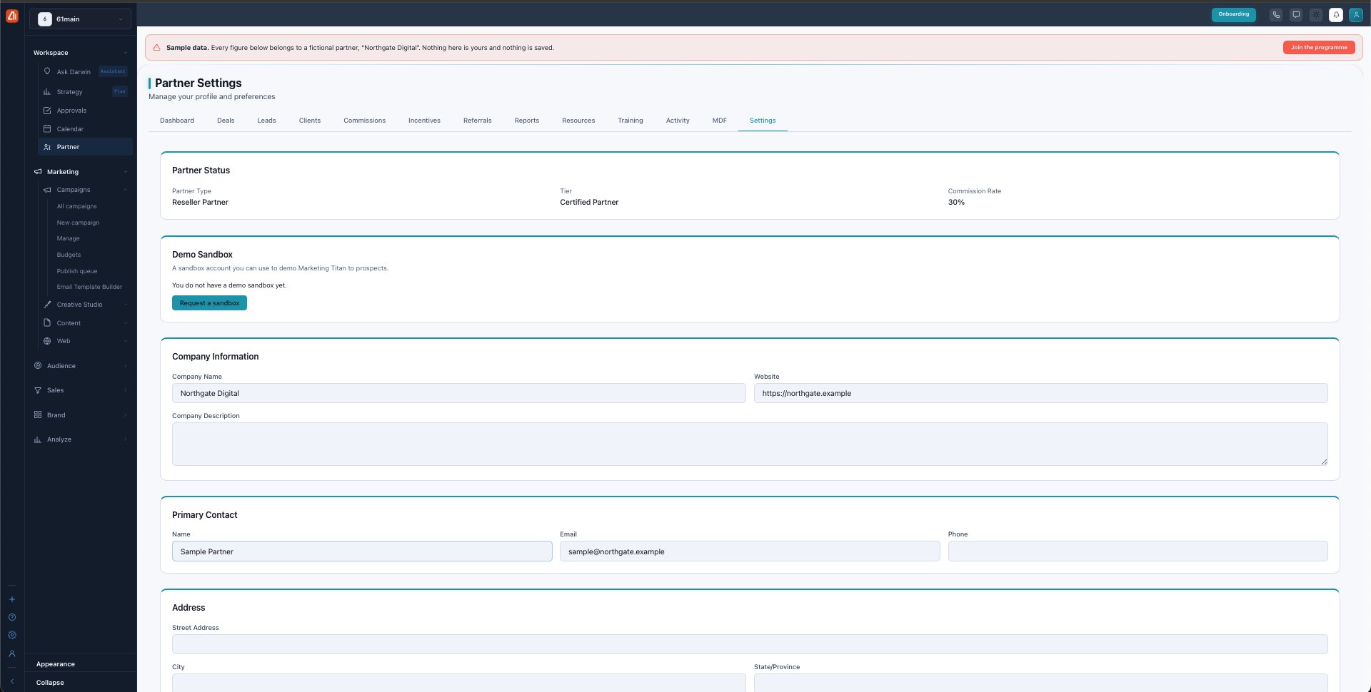 Partner Settings with Partner Status (type, tier, commission rate), a Demo Sandbox request, Company Information, Primary Contact, and Address sections.