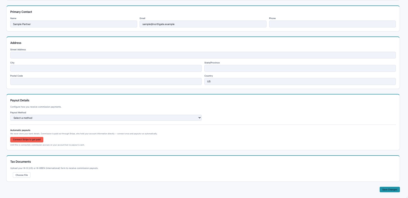 The lower Settings sections: Address, Payout Details with a Connect Stripe to get paid button, and Tax Documents with a Choose File upload for a W-9 or W-8BEN.