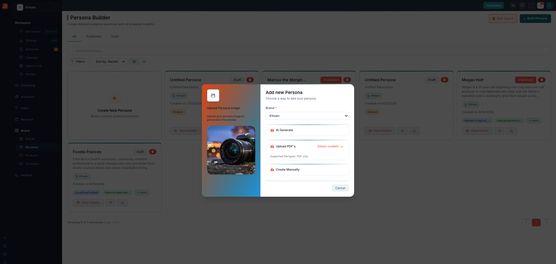 The Add new Persona window, with options to AI Generate, upload a PDF, or create manually