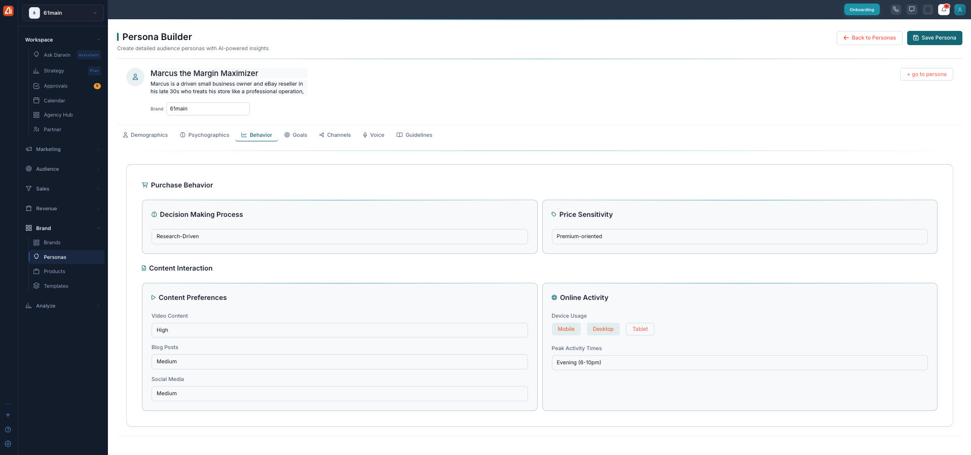 The Behavior tab, with purchase behavior and online activity