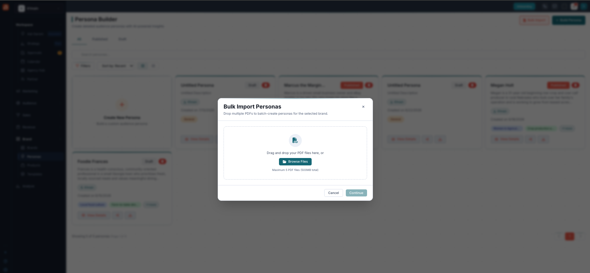 The Bulk Import Personas window, for dropping multiple PDFs to create personas