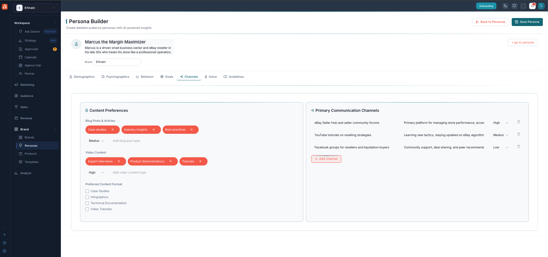 The Channels tab, with content preferences and primary communication channels