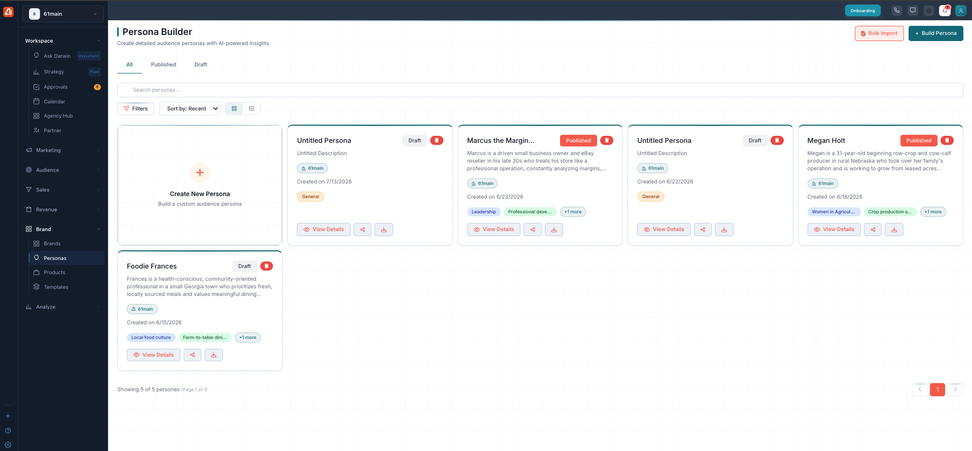The Persona Builder page showing persona cards, tabs, and the top-right Bulk Import and Build Persona buttons.