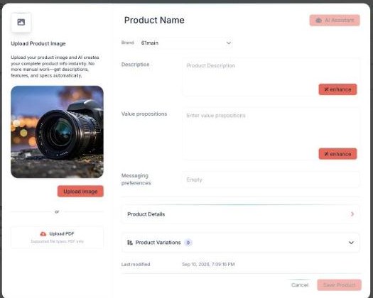 The Add Product modal: upload an image or PDF and AI writes the description, value props, and specs.