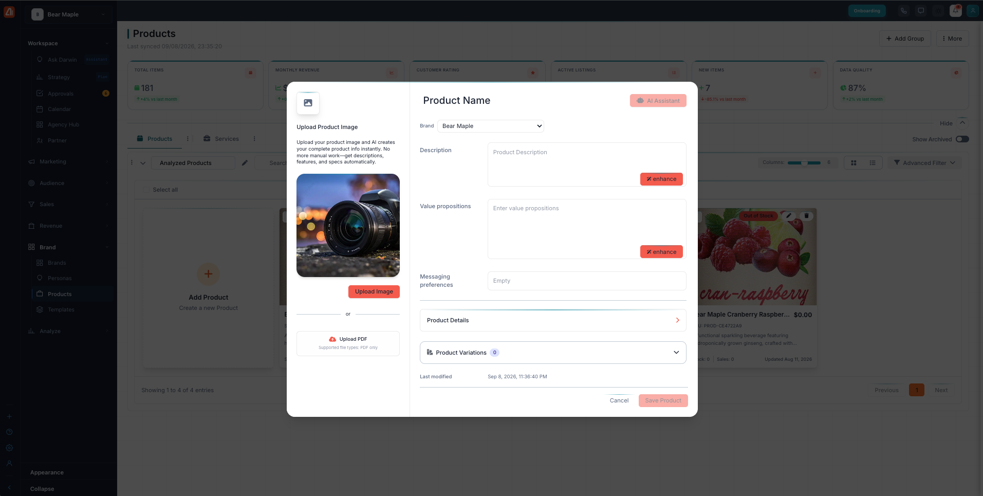 The add-product window with an Upload Product Image option that lets the AI read the image and write the full product info.