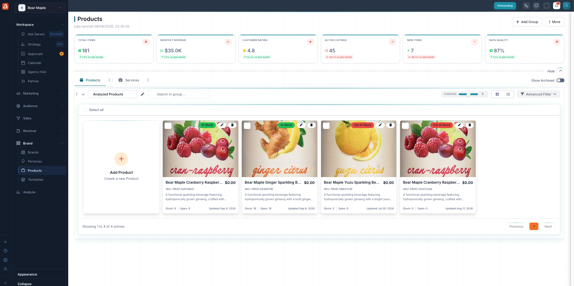 The Products manager in card view, showing product cards with images, stock badges, prices, and stat cards along the top.