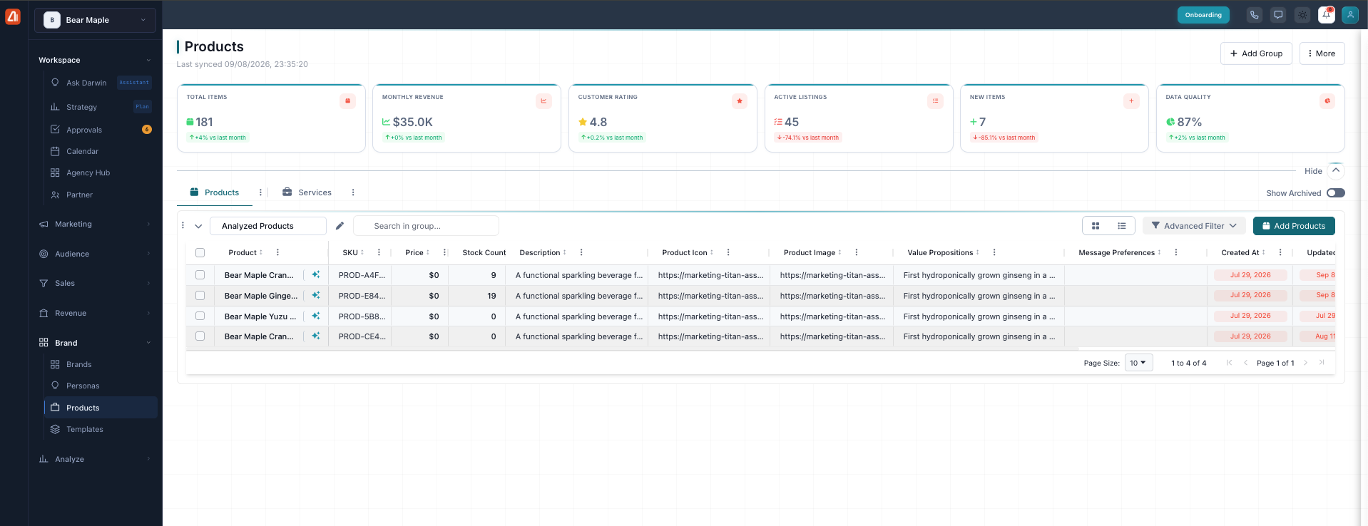 The Products manager in list view, a spreadsheet-style table with sortable columns for product, SKU, price, stock count, and more.