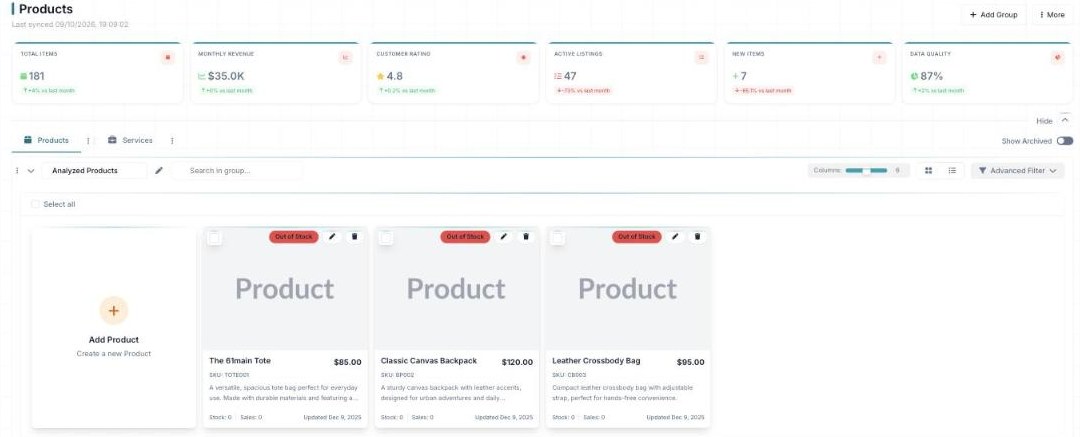 The Products manager with KPI cards and a grid of product cards.