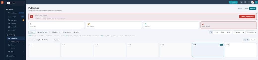 The Publishing page in Calendar view: a Week/Month toggle over a week grid (Sep 6–12) with days that carry scheduled deliveries marked.