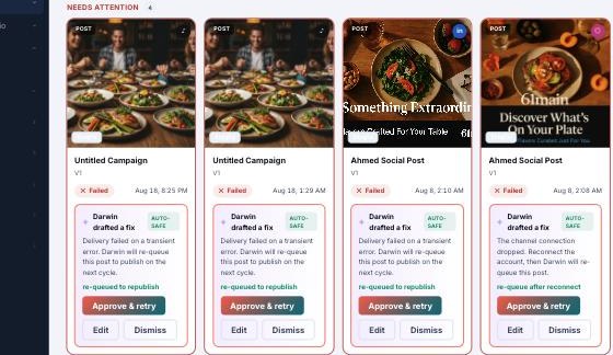 A row of failed post cards under 'Needs attention', each showing 'Darwin drafted a fix', the reason it failed, and Approve & retry / Edit / Dismiss buttons.