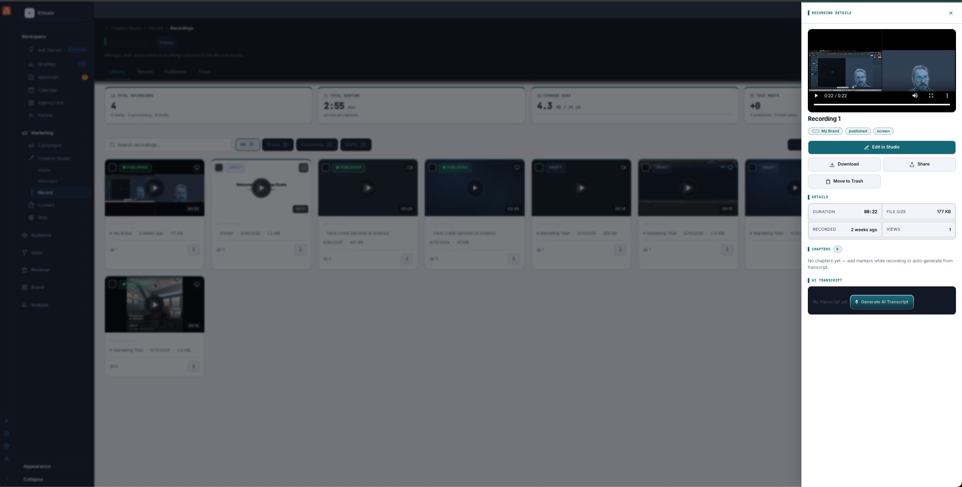 The Recording Details drawer with a video preview, brand/published/screen tags, Edit in Studio, Download, Share, Move to Trash, a Details grid (Duration, File Size, Recorded, Views), Chapters, and a Generate AI Transcript button.