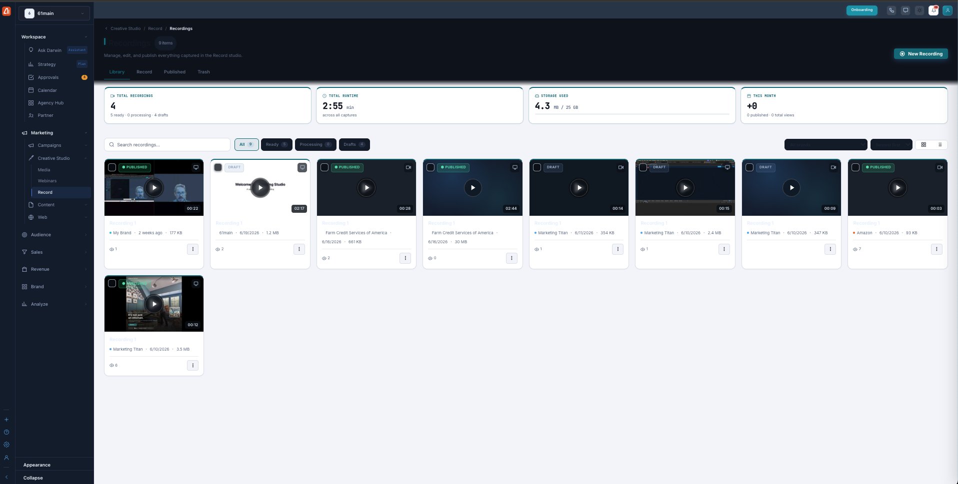 The Recordings library with stat cards (Total Recordings, Total Runtime, Storage Used, This Month), Library/Record/Published/Trash tabs, and a grid of recording cards with play, duration, brand, size, and views.