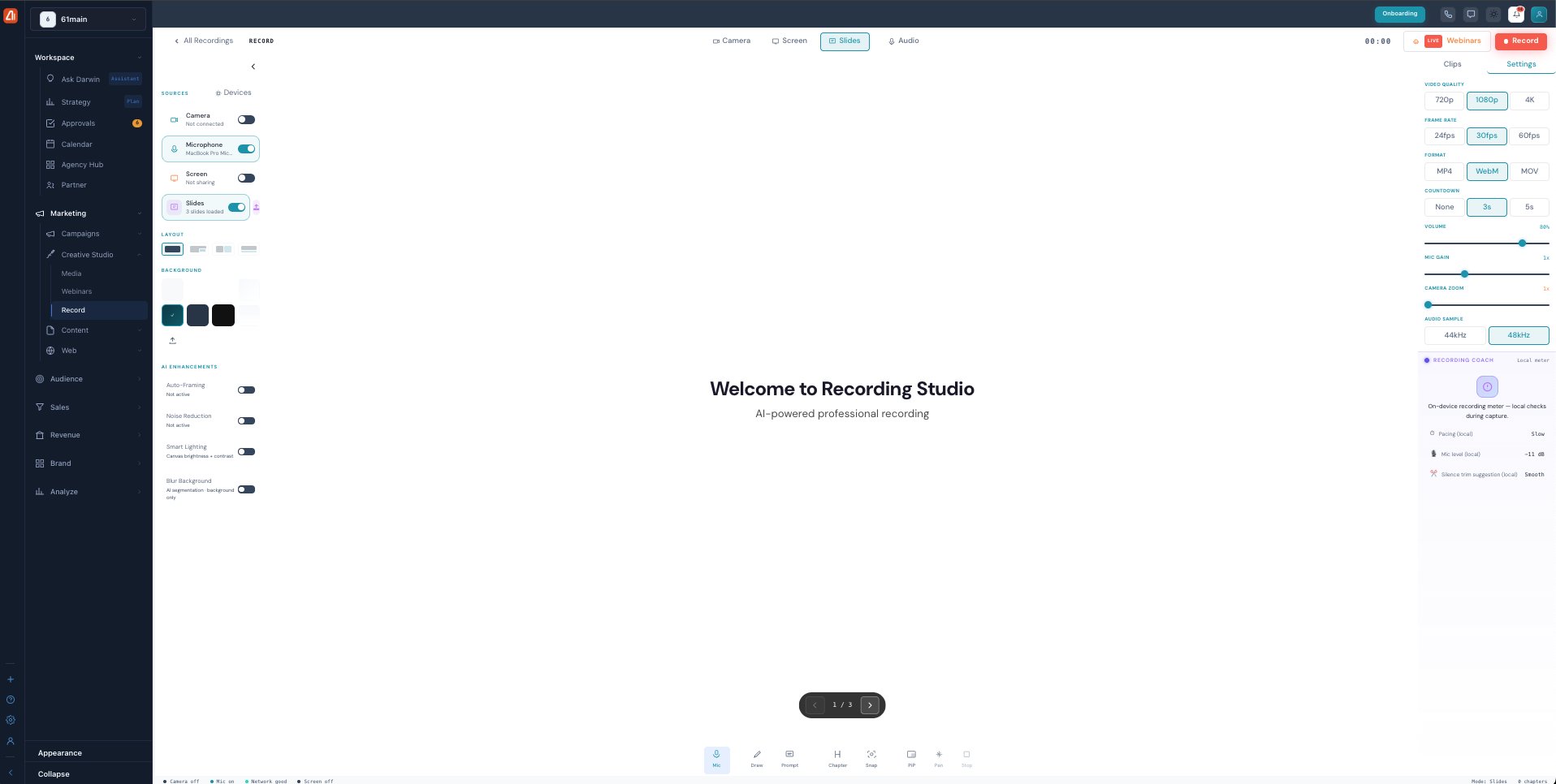 The Settings panel with Video Quality (720p/1080p/4K), Frame Rate (24/30/60fps), Format (MP4/WebM/MOV), Countdown (None/3s/5s), Volume, Mic Gain, Camera Zoom, and Audio Sample (44/48kHz).