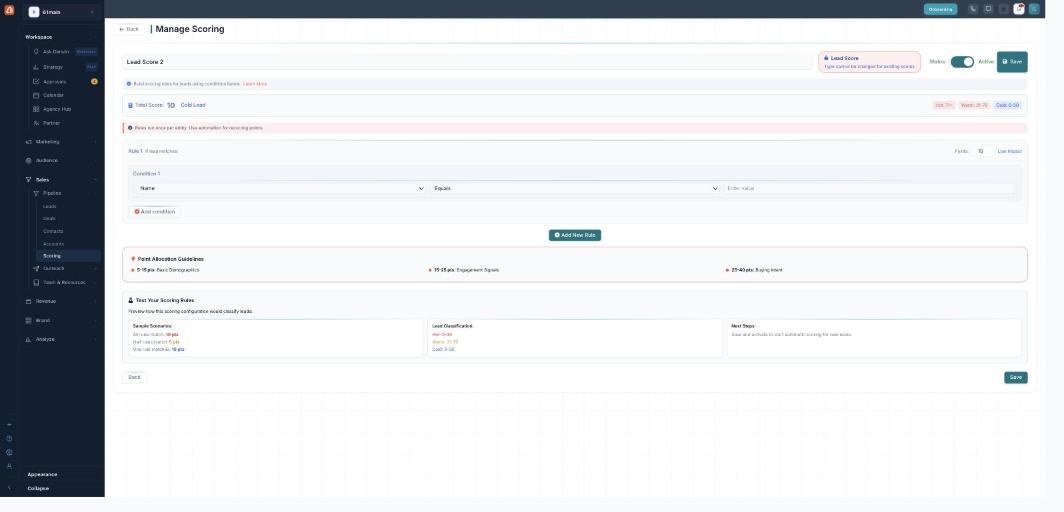 The Manage Scoring editor showing a live Total Score with Hot (71+), Warm (31-70), and Cold (0-30) band chips, a rule with a Condition (field, operator, value) and Points, the Point Allocation Guidelines, and a Test Your Scoring Rules preview panel.
