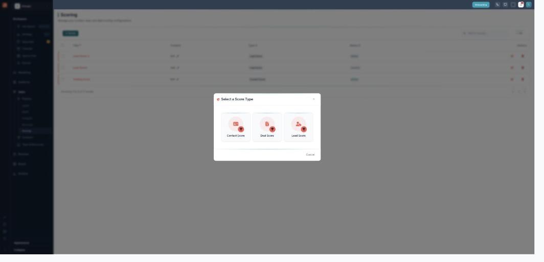 The Select a Score Type modal on the Scoring page, offering three cards — Contact Score, Deal Score, and Lead Score — after clicking the + Score button.