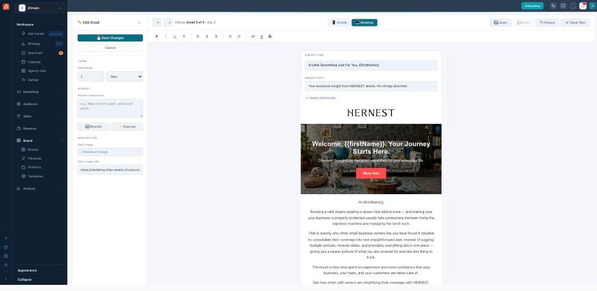 The Edit Email panel: a Timing Send Delay (2 days), an AI Assist section with a Rewrite Instructions box plus Rewrite and Improve buttons, a Hero Section with a Hero Image picker and Hero Image URL, and a live email preview with Subject line, Preview text, and Insert shortcode.