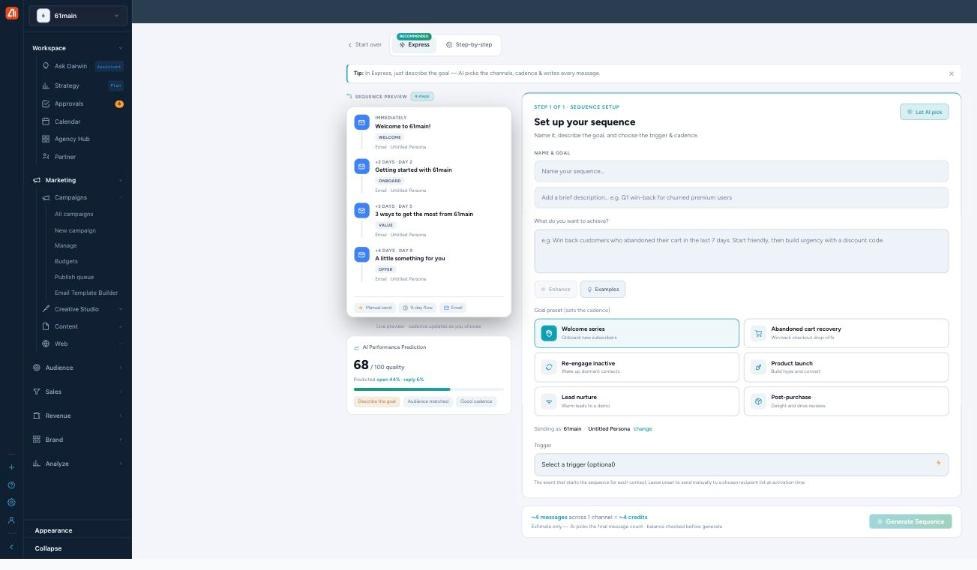 The Express Set up your sequence screen: a Name & Goal section, a What do you want to achieve box with Enhance and Examples, goal preset cards that set the cadence, a Trigger selector, a live Sequence Preview on the left, an AI Performance Prediction quality score, and a Generate Sequence button.