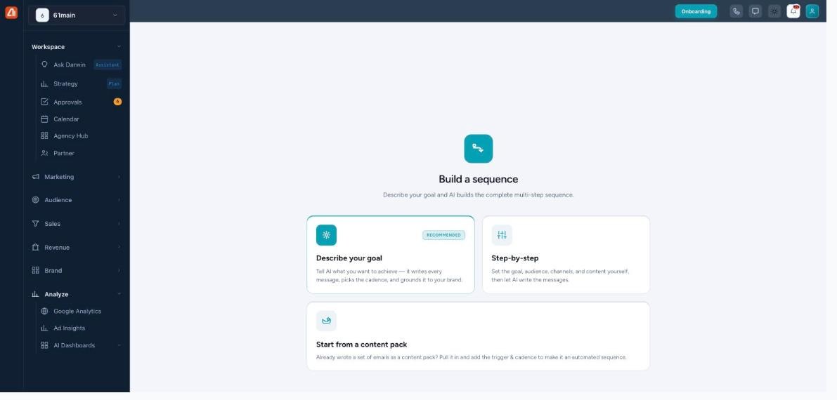 The Build a sequence screen with three mode cards: Describe your goal (marked RECOMMENDED), Step-by-step, and Start from a content pack.