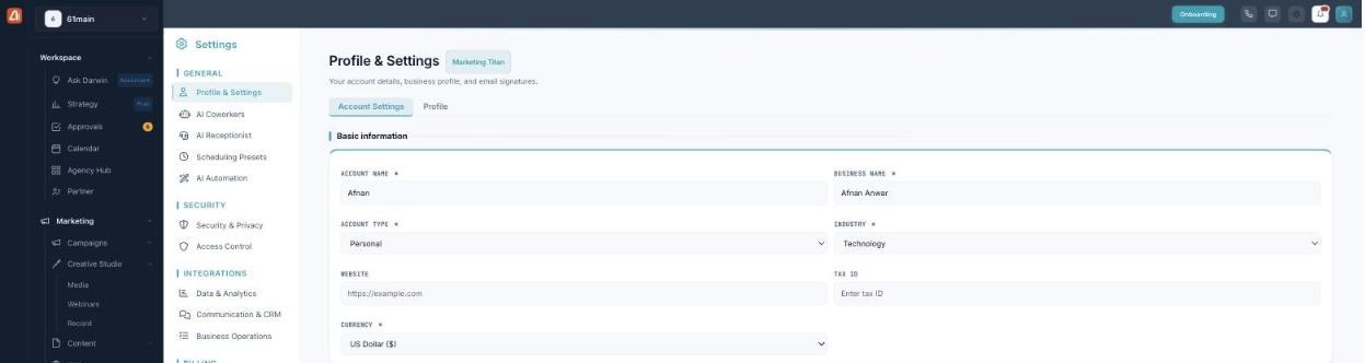 Account Settings tab showing basic information fields: account name, business name, account type, industry, website, tax ID, and currency.