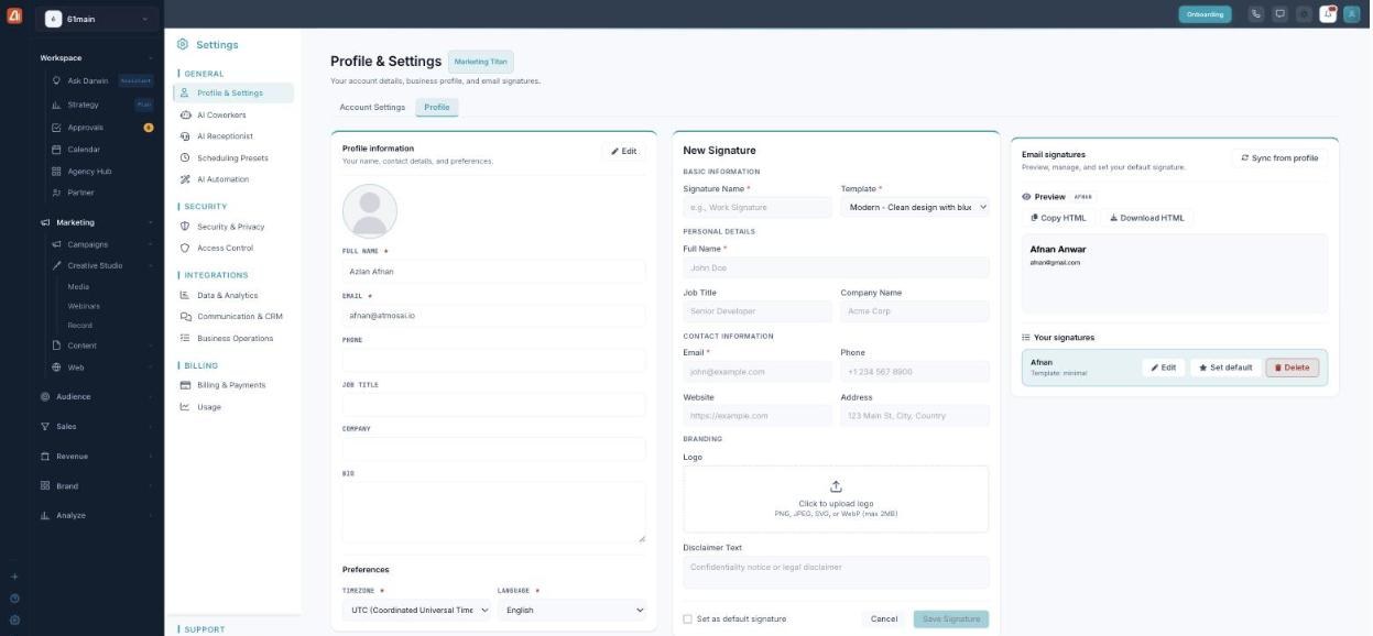 Profile tab with three panels: profile information, a new email signature builder, and the email signatures manager.