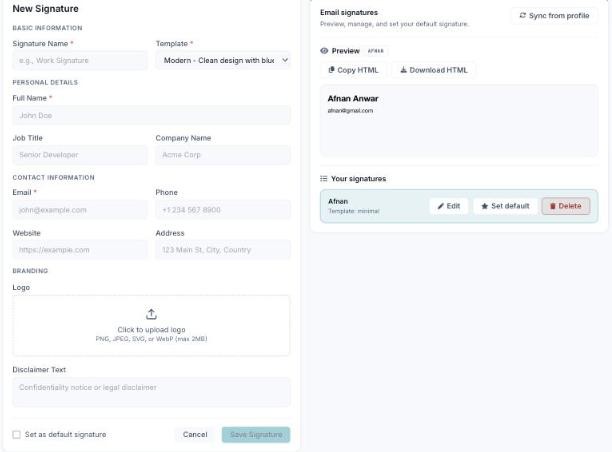 Email signature builder with template, personal details, contact info, branding logo, and disclaimer, plus the signatures manager with preview.
