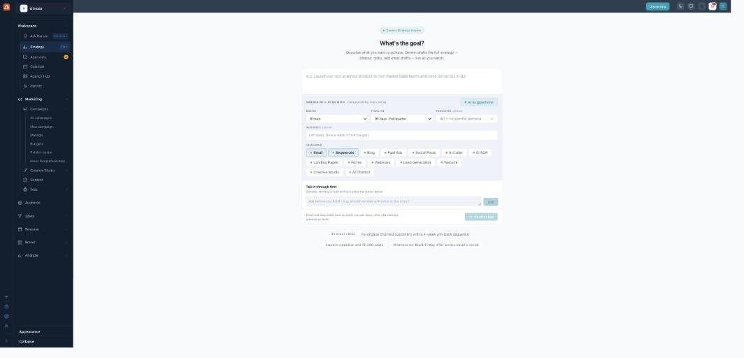 The Draft-live create page: a 'What's the goal?' box, a 'Darwin will plan with' rail (brand, timeline, persona), a channels grid, a 'Talk it through first' chat, and a Draft it live button.