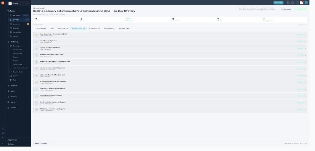 The Staged Drafts view: a list of generated deliverables (emails and sequences) each with a status badge and an expand arrow to preview and approve.