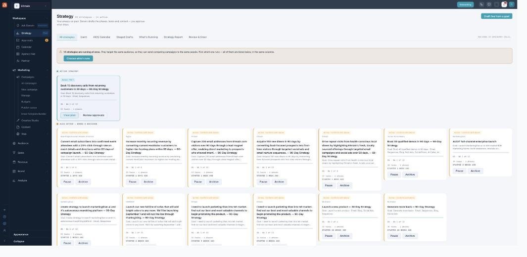 The Strategy landing page: an Active Strategy card and an 'also active — needs a decision' grid of strategy cards, with a conflict warning and a Draft live from a goal button.