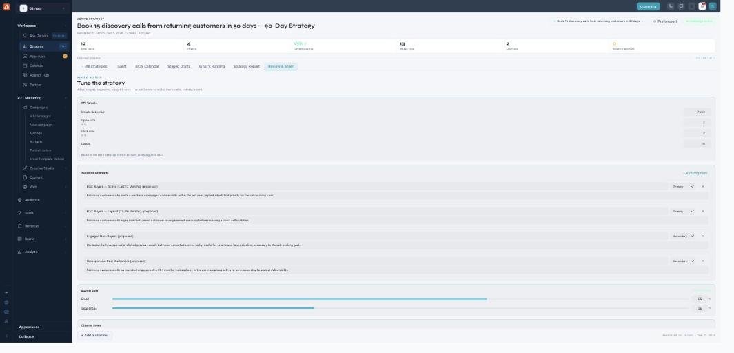 The Review & Steer view ('Tune the strategy'): editable KPI Targets, Audience Segments with role dropdowns, an editable Budget Split, and Channel Roles.