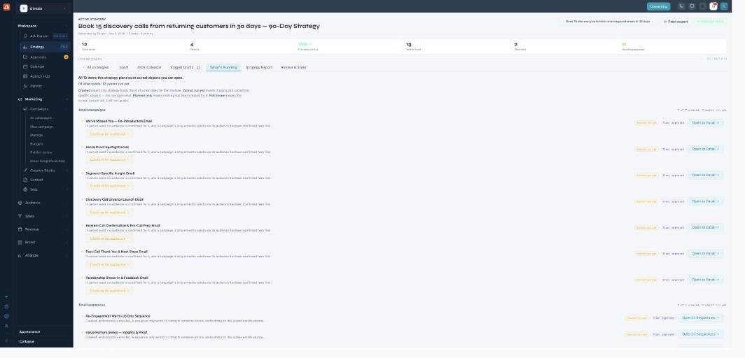 The What's Running view: a summary line ('all items exist as real objects... 12 cannot run yet'), then each email campaign and sequence with a status and a Confirm its audience / Open button.