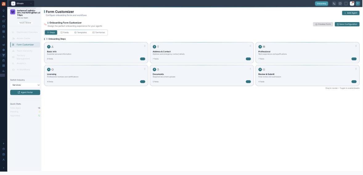 The Form Customizer: sub-tabs for Steps, Fields, Templates and Territories, a list of onboarding steps (Basic Info, Address & Contact, Professional, Licensing, Documents, Review & Submit) and controls to add, edit and reorder steps and fields.