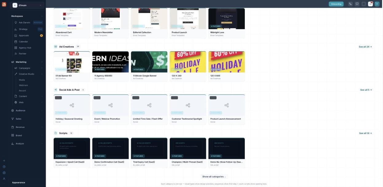 Template categories including Ad Creatives, Social Ads and Post, and Scripts with preview cards.