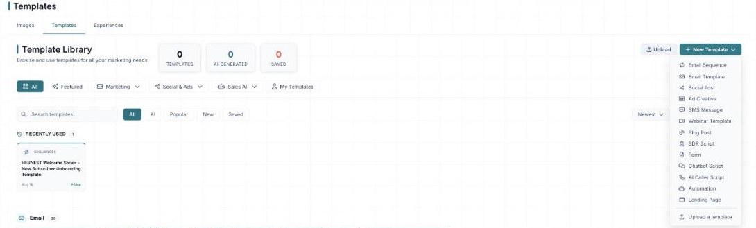 The New Template menu listing every type you can create.