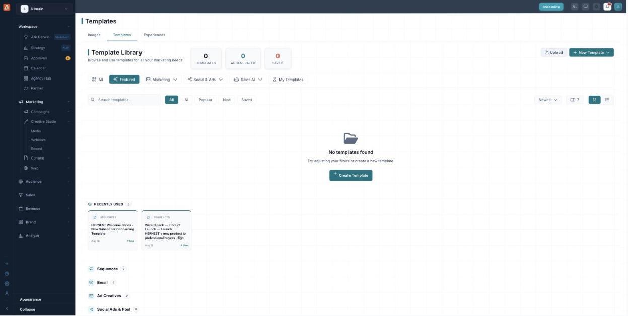 Template Library filter bar with Featured selected, showing category filters and quick chips.
