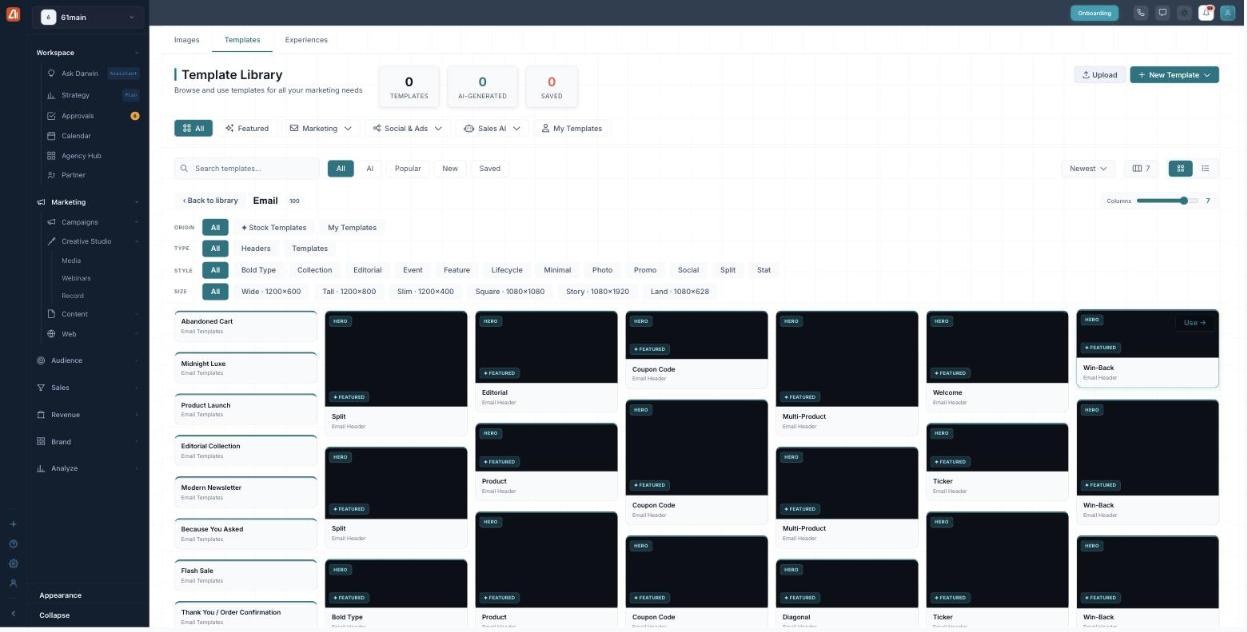 Full Email category view with Origin, Type, Style, and Size filters and a dense grid of templates.
