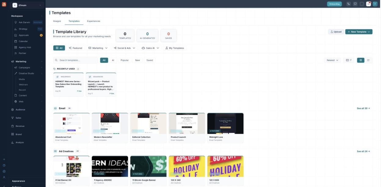 The Template Library showing category rows for Email and Ad Creatives with template thumbnails.