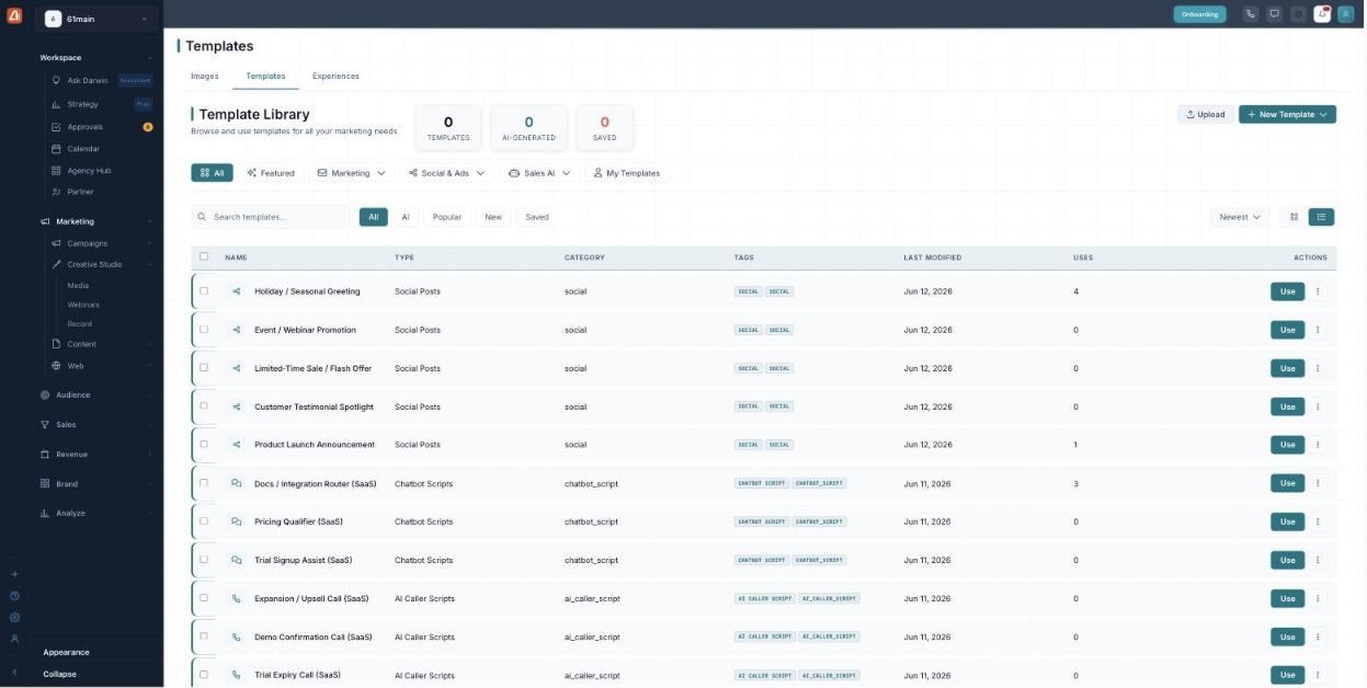 Template Library list view as a sortable table with name, type, category, tags, last modified, and uses columns.