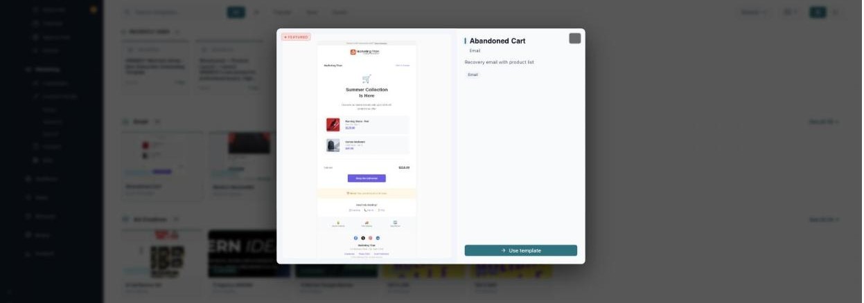 Template preview modal showing an Abandoned Cart email with a Use template button.