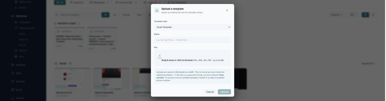 Upload a template modal with template type, name, and a drag-and-drop file area.