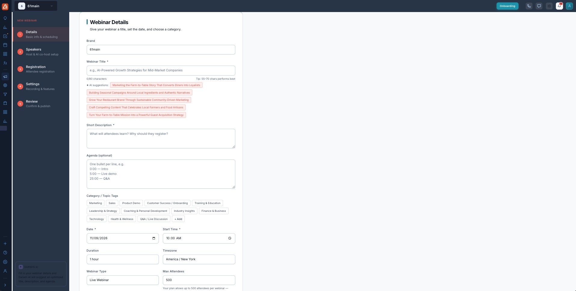 Step 1 of the Create Webinar wizard — Webinar Details, with a step sidebar (Details, Speakers, Registration, Settings, Review).