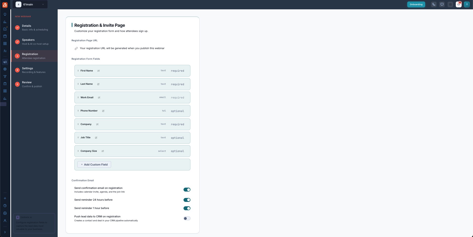The Registration step with form fields (First Name, Last Name, Work Email, Phone, Company, Job Title, Company Size), Add Custom Field, and Confirmation Email toggles.