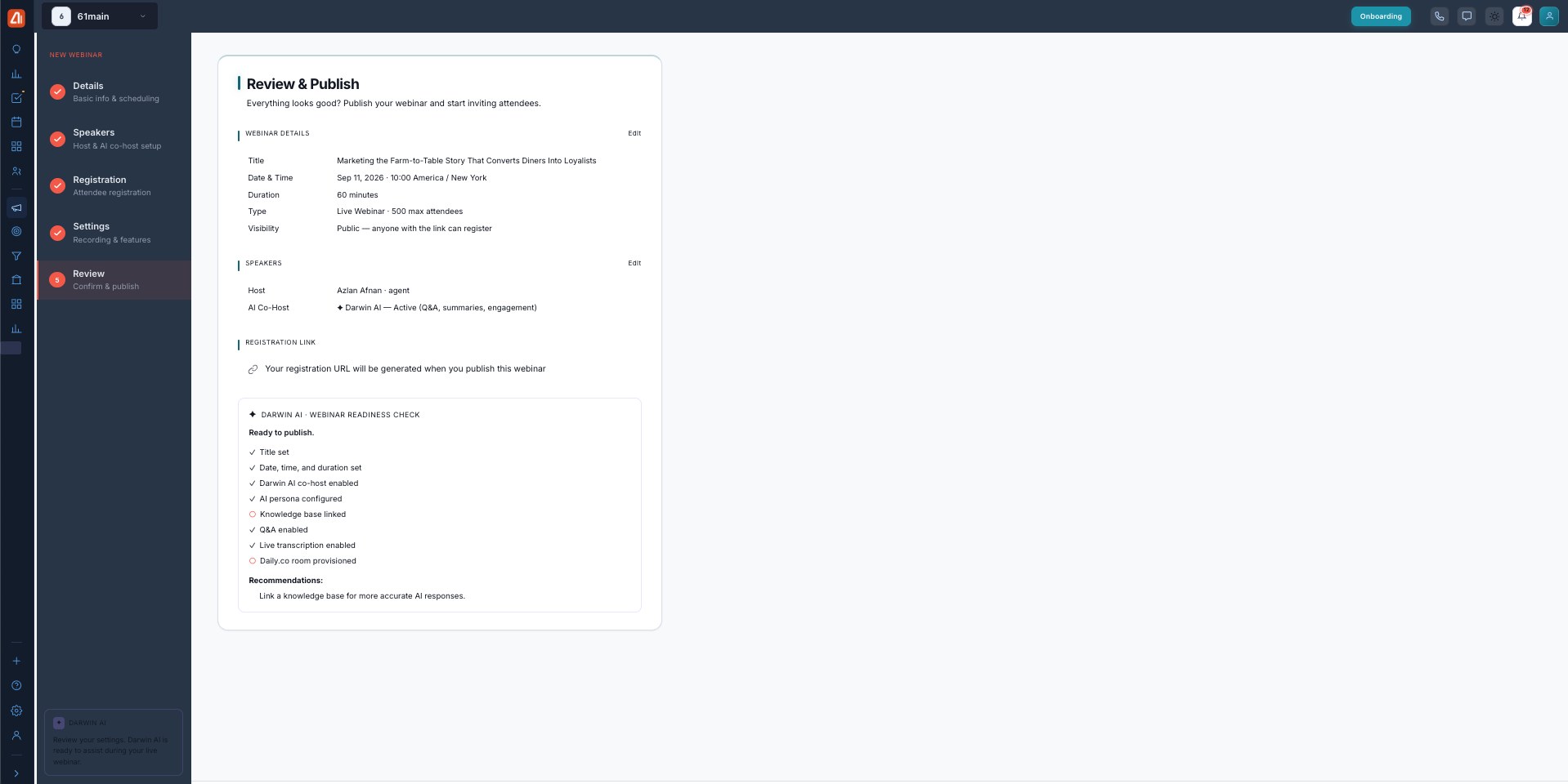 The Review step summarizing details, speakers, and the registration link, with a Darwin AI Webinar Readiness Check.