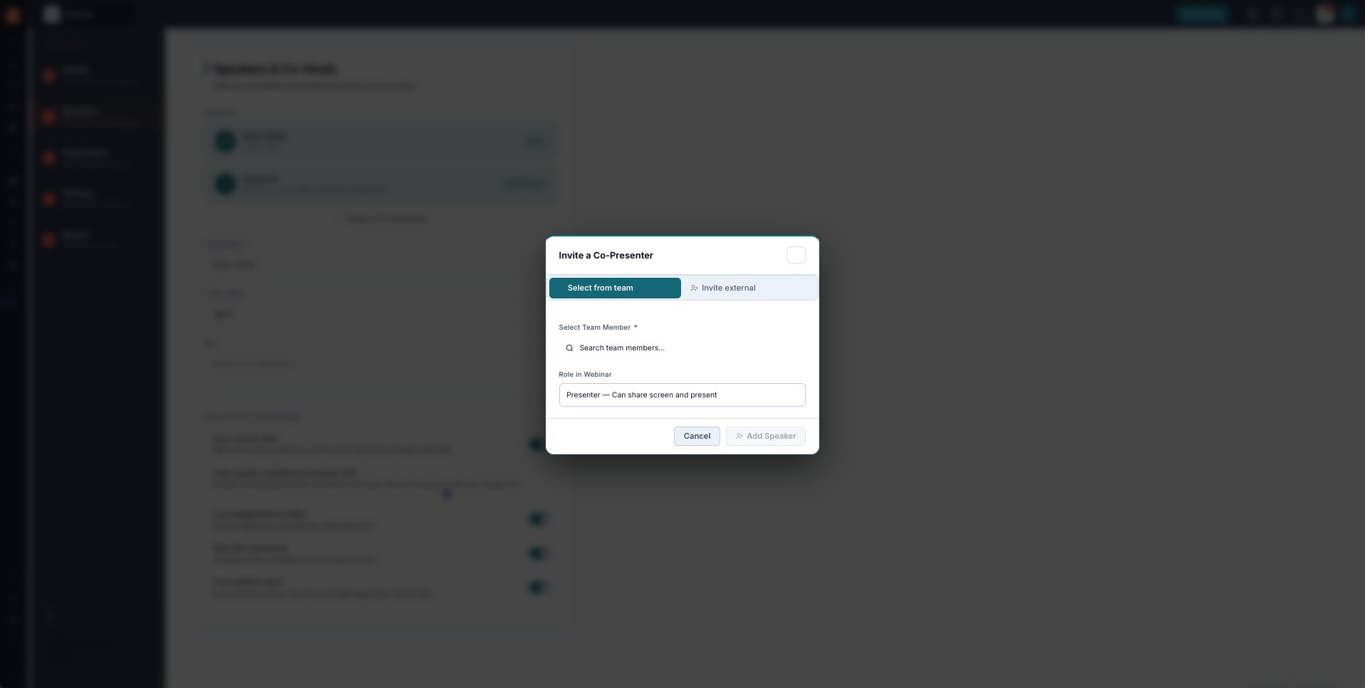 The Speakers step with the host, an Add Co-Presenter button, and the Invite Co-Presenter modal (Select from team / Invite external, Role in Webinar).