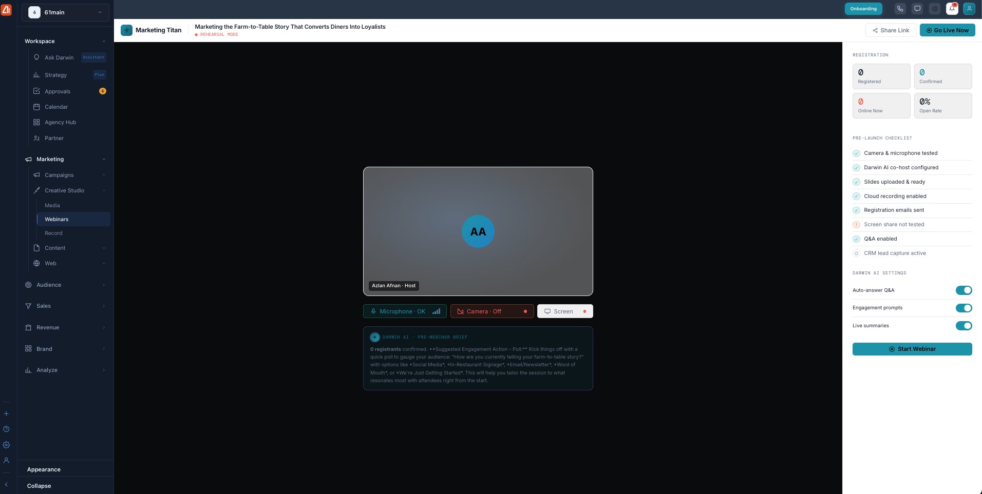 The rehearsal room: camera preview, Microphone/Camera/Screen checks, a pre-launch checklist, Darwin AI settings, and a Start Webinar button.