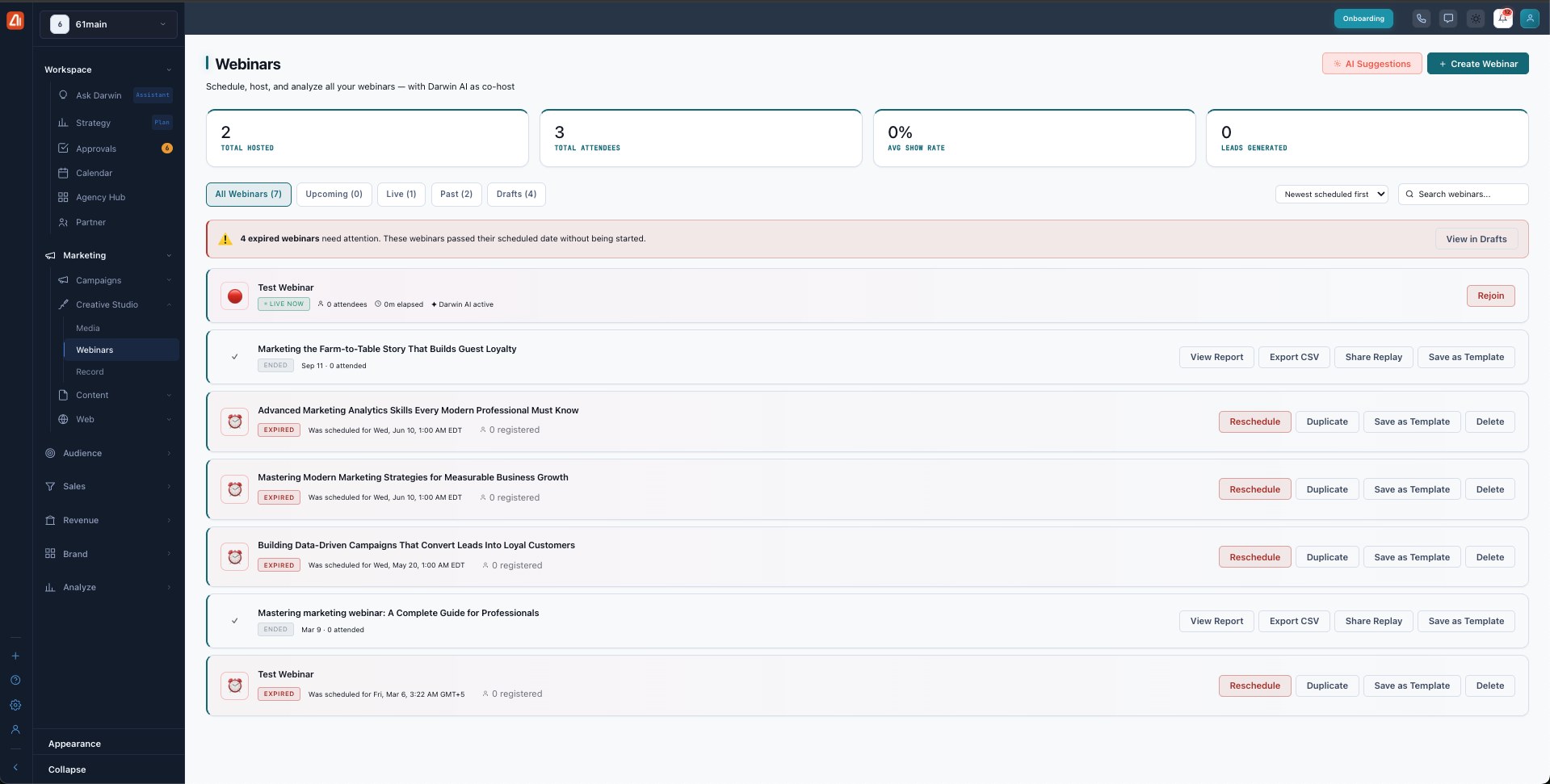 The Webinars dashboard with stat cards (Total Hosted, Total Attendees, Avg Show Rate, Leads Generated), status tabs, and webinar cards with actions.