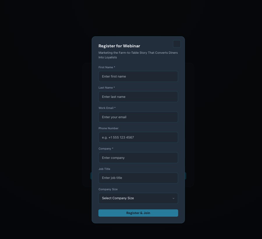 The Register for Webinar form with First Name, Last Name, Work Email, Phone, Company, Job Title, and Company Size, plus a Register & Join button.