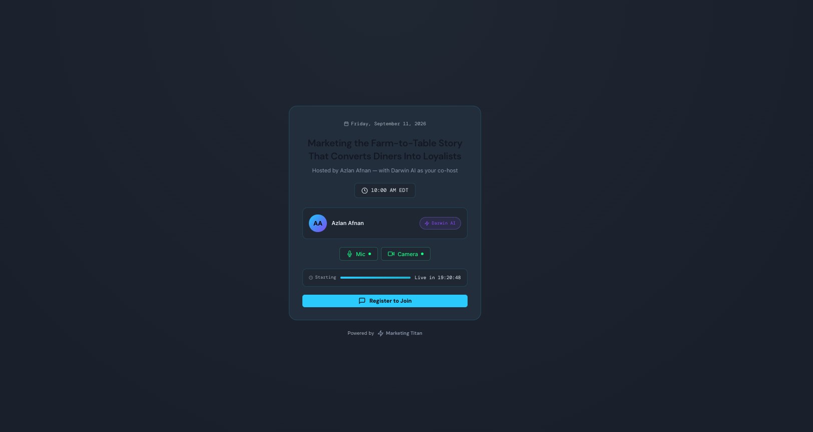 The public webinar page showing the date, title, host with Darwin AI co-host, a mic/camera check, a countdown, and a Register to Join button.