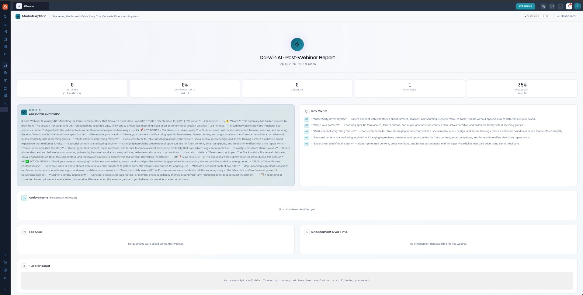 The Darwin AI Post-Webinar Report with attendance stat cards, an executive summary, key points, action items, Top Q&A, engagement chart, and full transcript.